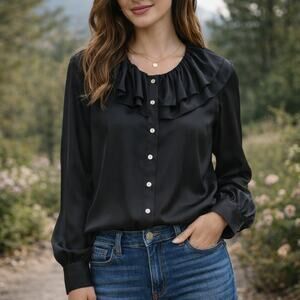 J.Crew Collection SZ XS Black Silk Twill Ruffle-Collar Top NWT